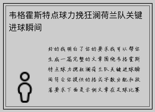 韦格霍斯特点球力挽狂澜荷兰队关键进球瞬间